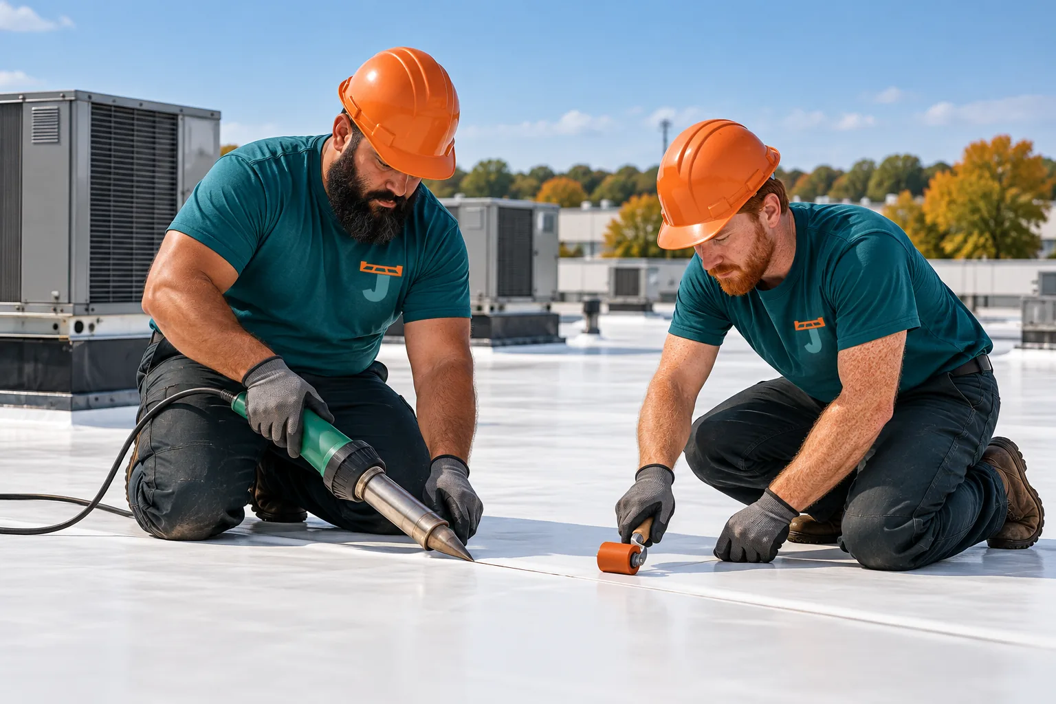 Roofers in logo uniforms welding white TPO membrane seams on a commercial roof