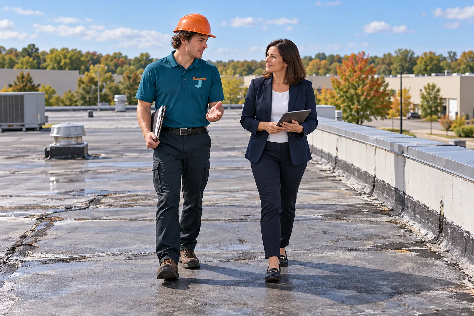 Roofer in a logo uniform walking a low-slope commercial roof during an inspection