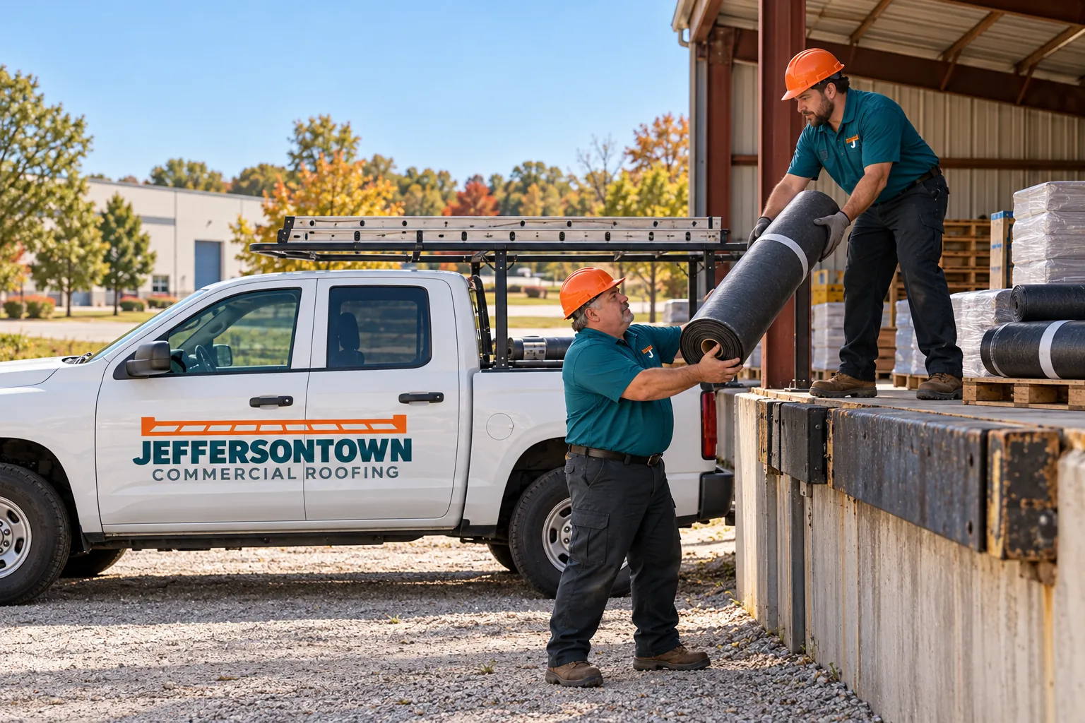 Roofing work truck staged beside a commercial building before a roof replacement