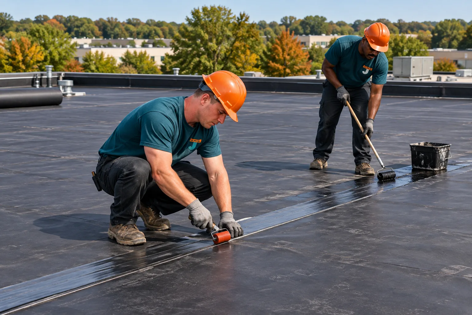Crew in logo uniforms laying black EPDM rubber membrane on a flat commercial roof