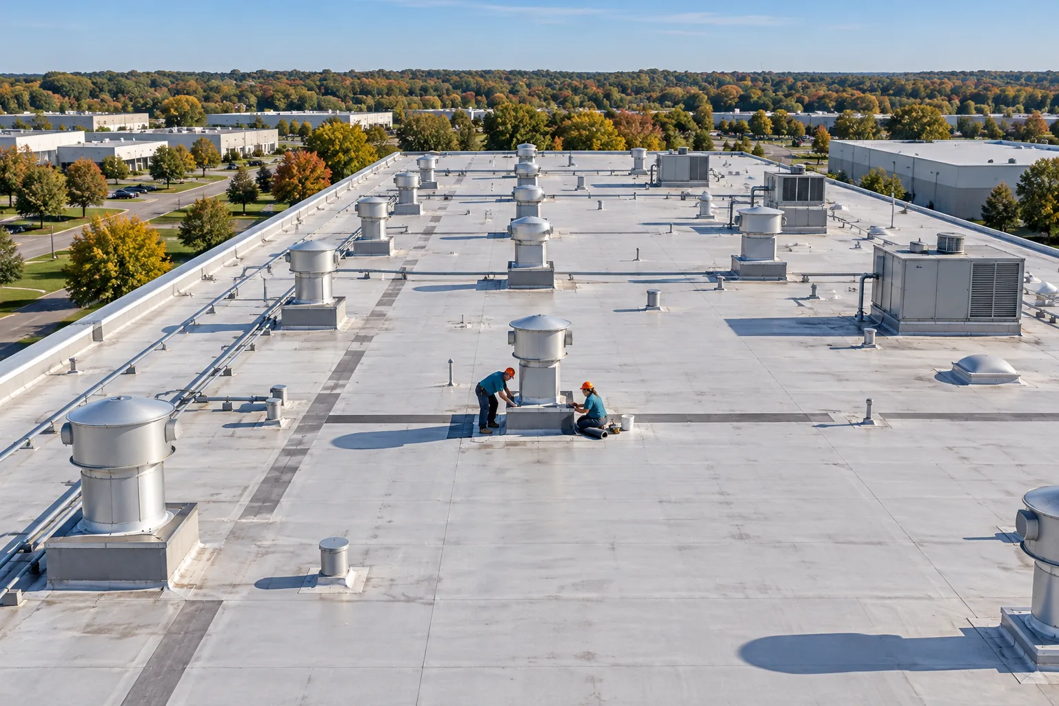 Aerial view of roofers working on a large industrial roof with rooftop equipment