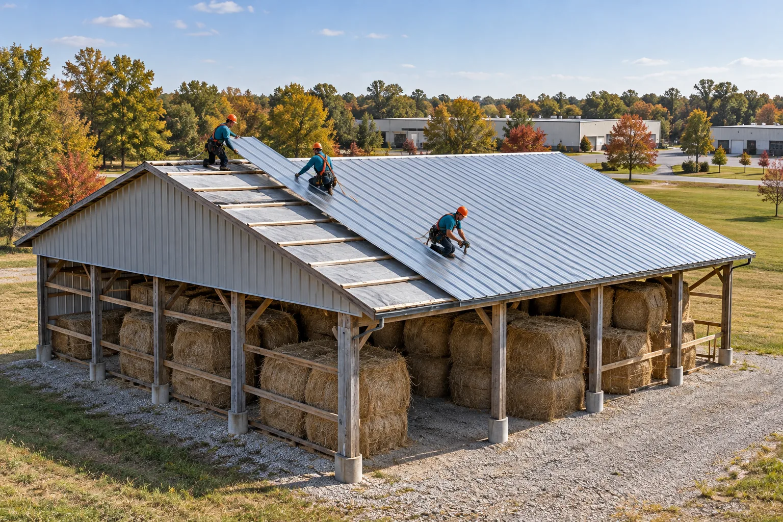 Roofers in logo uniforms fastening steel panels on a commercial metal roof