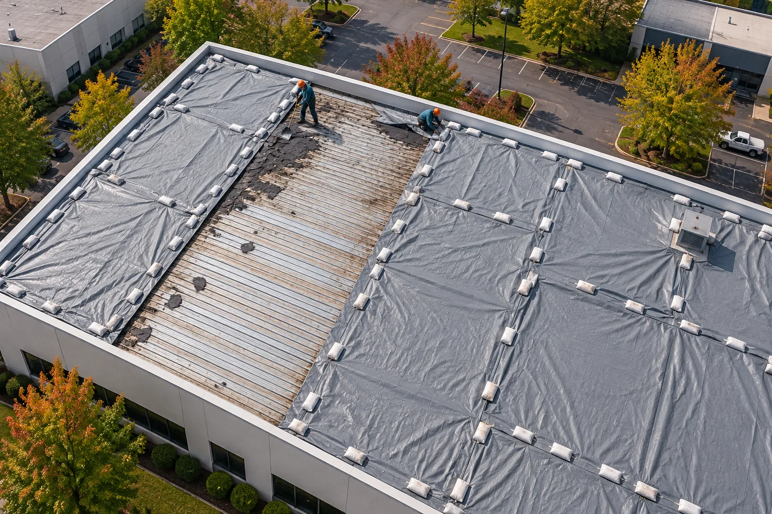 Crew tearing off old roofing layers down to the deck on a commercial building